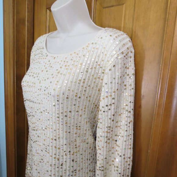Marisa Christina Cream Sweater All Over Gold Sequins Long Sleeve Size Large - Picture 3 of 10